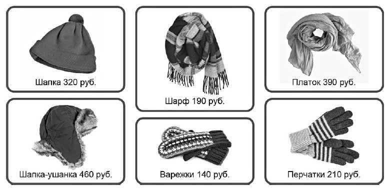 Рассмотри рисунок и ответь на вопрос: сколько рублей нужно заплатить при покупке шарфа, платка и перчаток (ВПР 4 класс вариант 5)