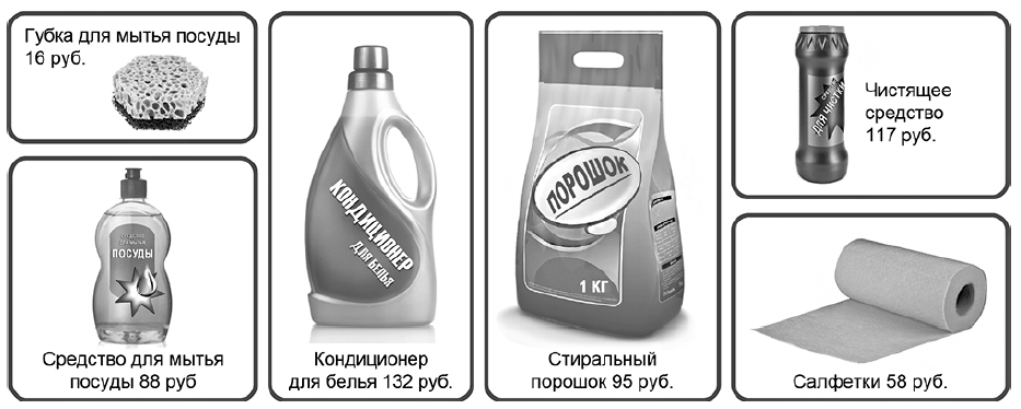 Рассмотри рисунок и ответь на вопрос. Сколько рублей нужно заплатить при покупке чистящего средства и трёх упаковок салфеток (ВПР 4 класс вариант 8)
